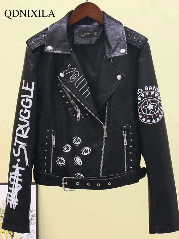 Women's Leather Jacket 2023 New Outerwear Asymmetric Zip Leather Jackets Print Rivet Rock Women's Moto Biker Zipper Jacket