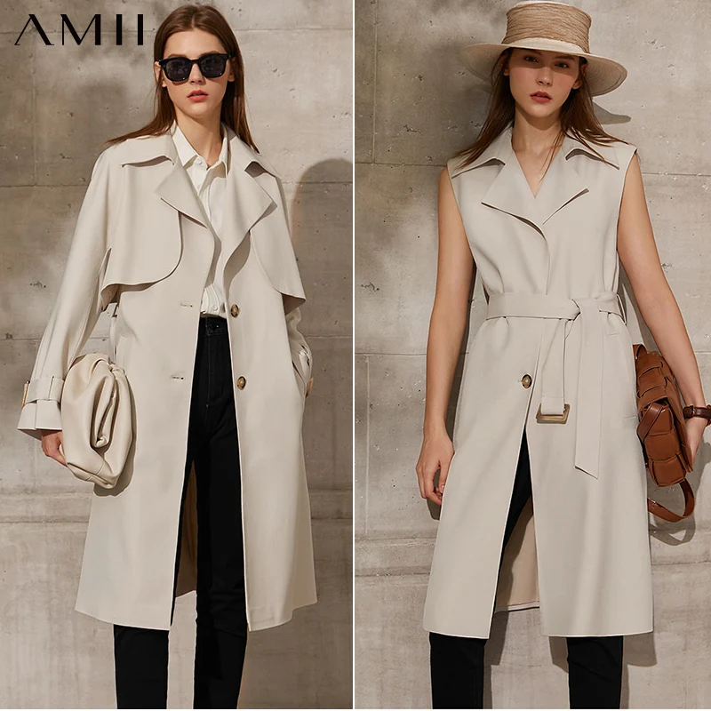 

Amii Minimalism Spring Autumn Women's Suit Set Causal Solid Women's Trench Coat 2PCS Set Lapel Singlebreasted Vest Coat 12130018