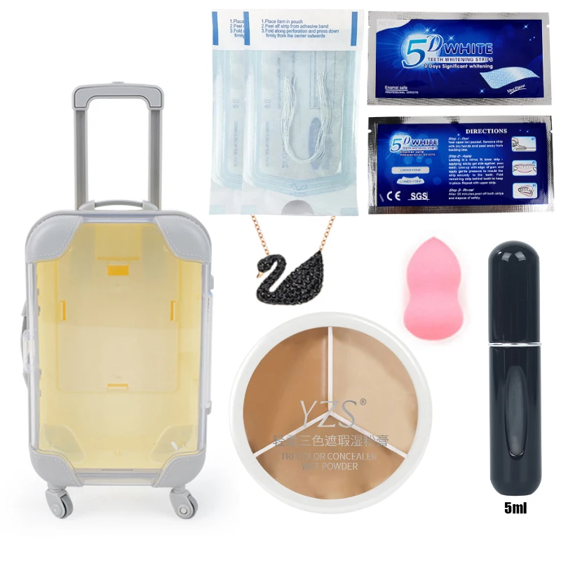 

Mini Suitcase Set with 3 Color Concealer,10ml Perfume Dispenser,Protein Line,Teeth Whitening Strips,Makeup Egg Skin Beauty Care