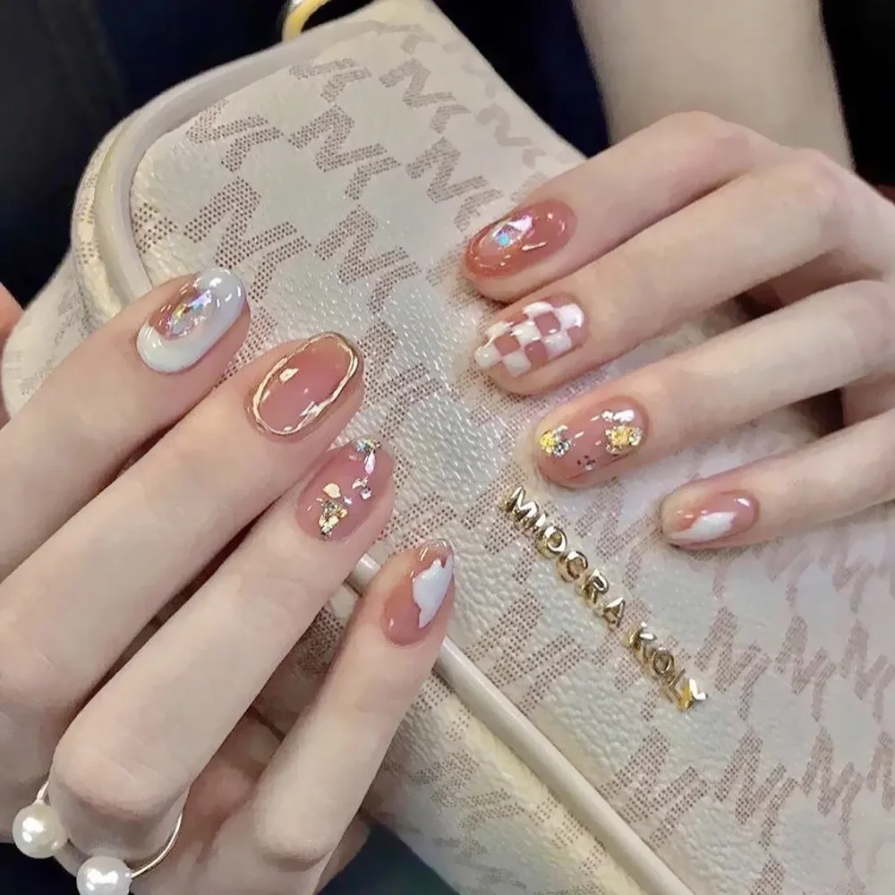 

24 шт. короткая квадратная головка Новая розовая оболочка позолота и бриллианты носимое прессование накладные ногти Съемная Бесплатная дос...