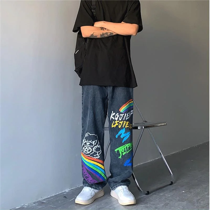 DEEPTOWN Loose Graffiti Jeans Men Straight Hip Hop Denim Pants Oversize Trousers Male Streetwear Korean Casual Plus 5XL Spring