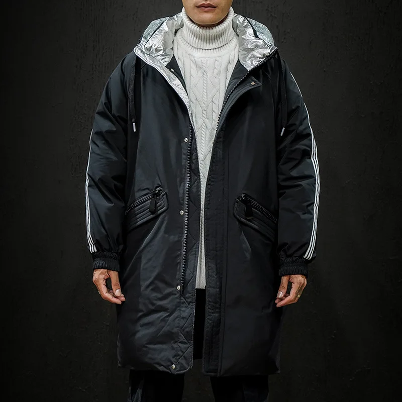 Down jacket for men 2022 autumn and winter stripe British casual style Hooded overcoat long Warm coat duck down Large men's wear