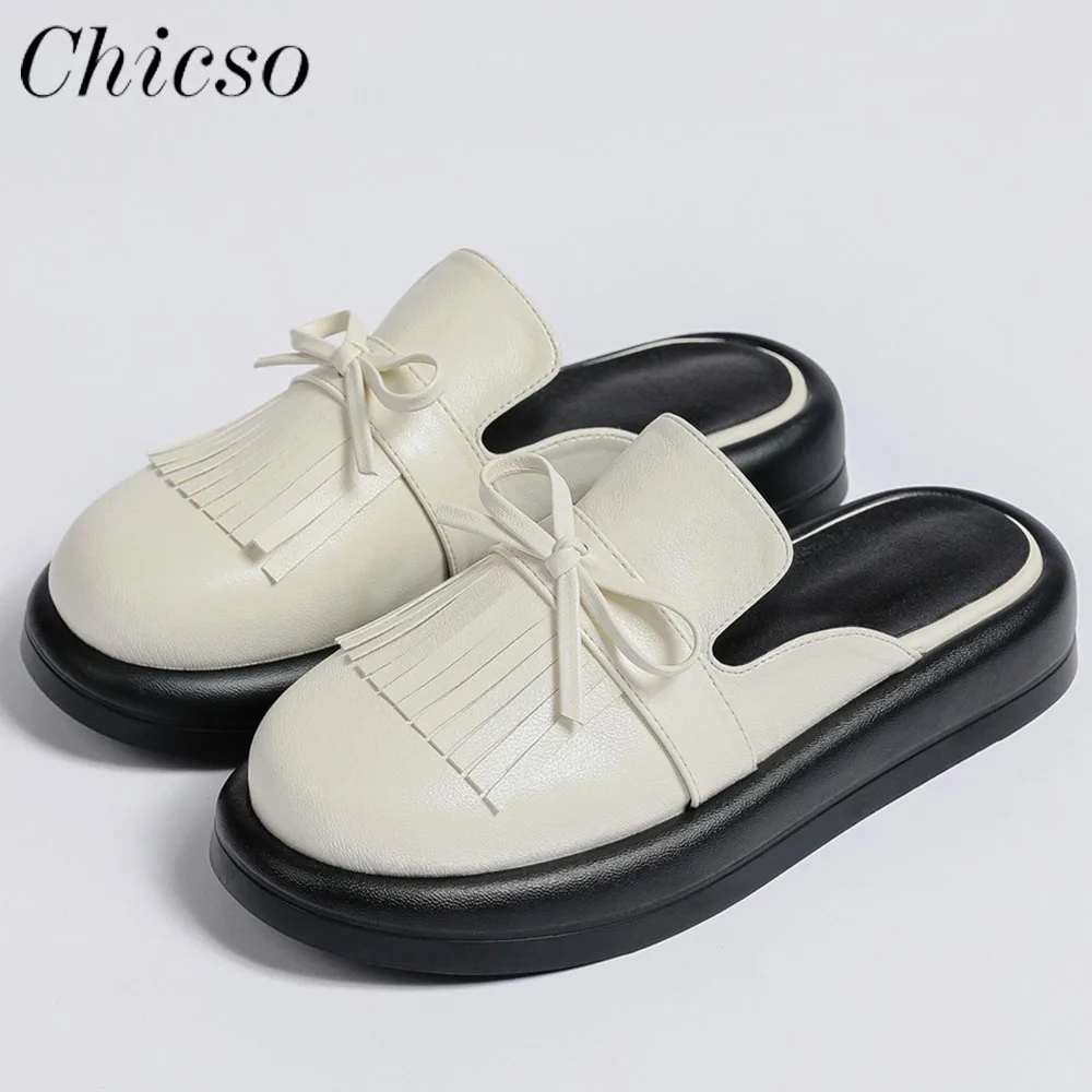 

Summer Mules Women 2023 New Tassel Bowknot Ladies Closed Toe Comfy Slippers 36-43 Large-Sized Home Office Beach Flats