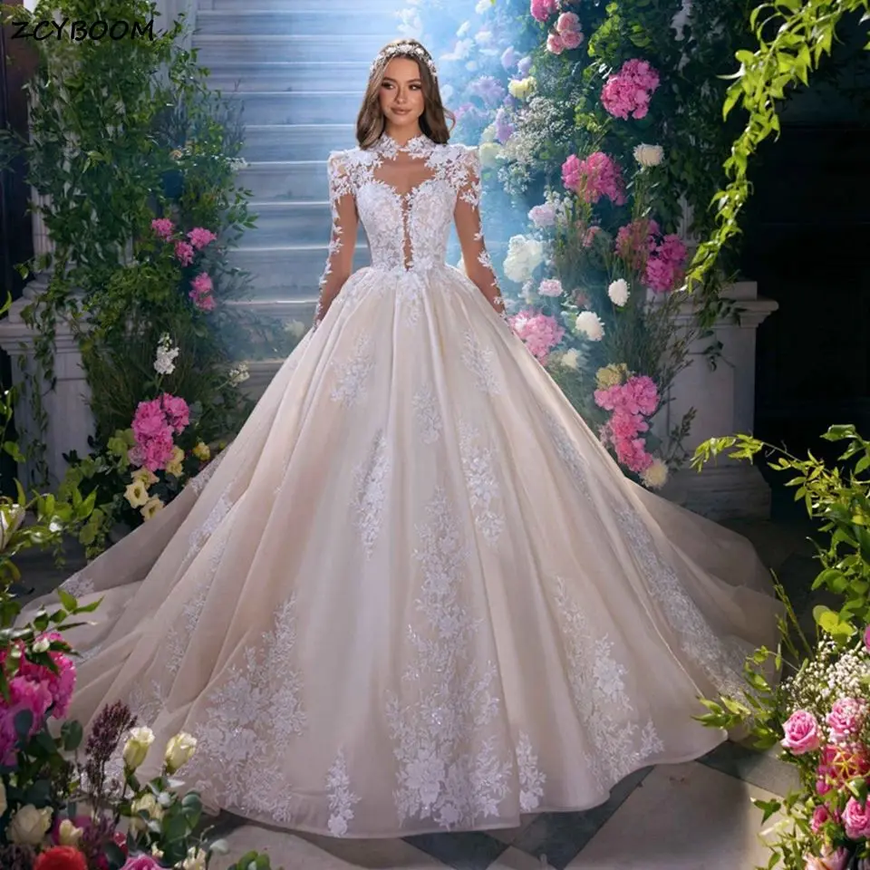 

Elegant Champagne High Neck Illusion Long Sleeves Wedding Dresses 2023 Tulle Appliques Bride Gown Chapel Train Vestidos De Novia