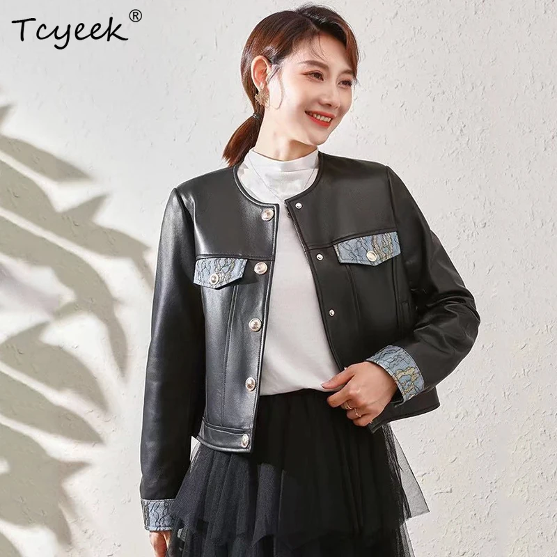 

Genuine Leather Jacket Women Spring and Autumn Casual Short Denim Contrast Color Splicing Metal Buckle O-Neck Sheepskin Coat
