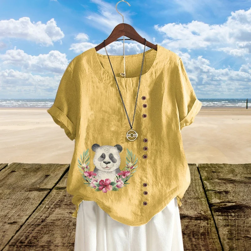 

Fashion Casual Women's New Summer Linen Shirt Crew Neck Panda Print T Shirt Short Sleeve Top Loose Top XS-5XL