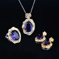 wedding silver color jewelry sets for women vintage imitated purple diamond pendant necklaces drop earrings ring bridal set 3pcs