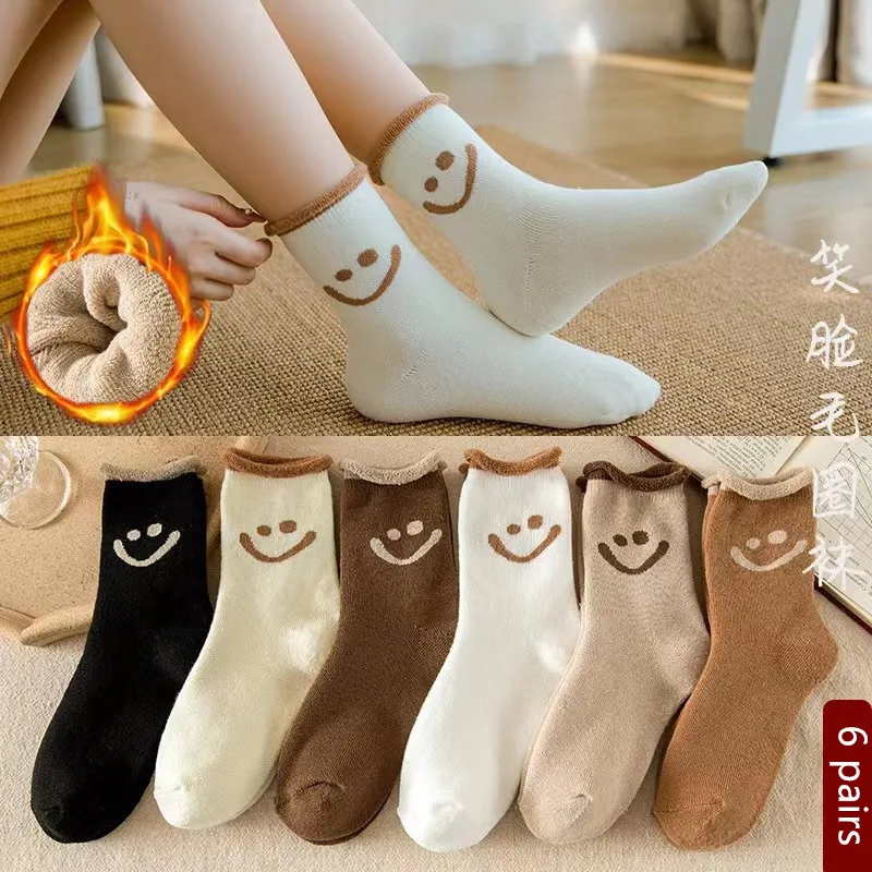 6 pairs Winter socks woman Smile Face Thicken Warm Brushed Hosiery Looped Terry Stocking Kawaii college trend coffee color mix