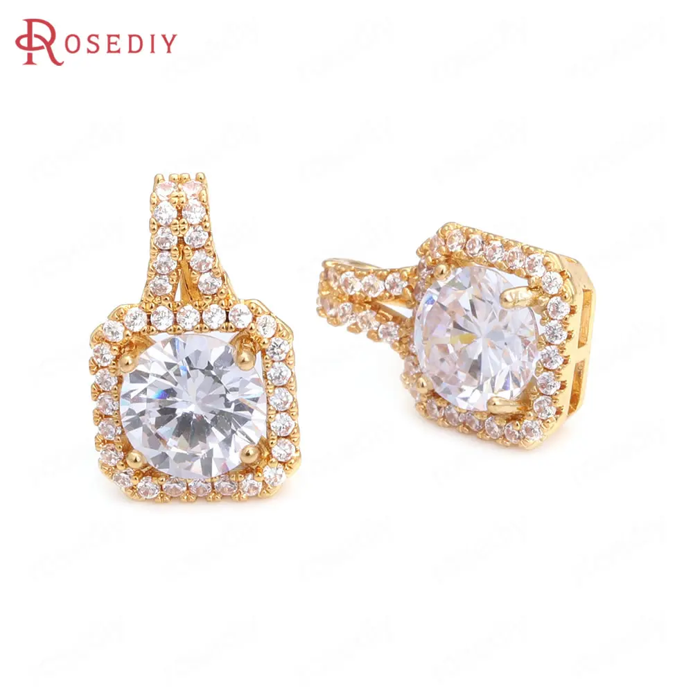 

(41472)6PCS 24K Champagne Gold Color Brass and Zircon Square Necklaces Charms Pendants Jewelry Making Supplies Diy Accessories