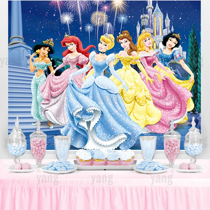 Fondo de Princesas de Disney para fiesta de cumpleaños de niñas, cartel para fiesta de bebé, Castillo de boda, rosa, Blancanieves, Cenicienta, sirenita, Ariel