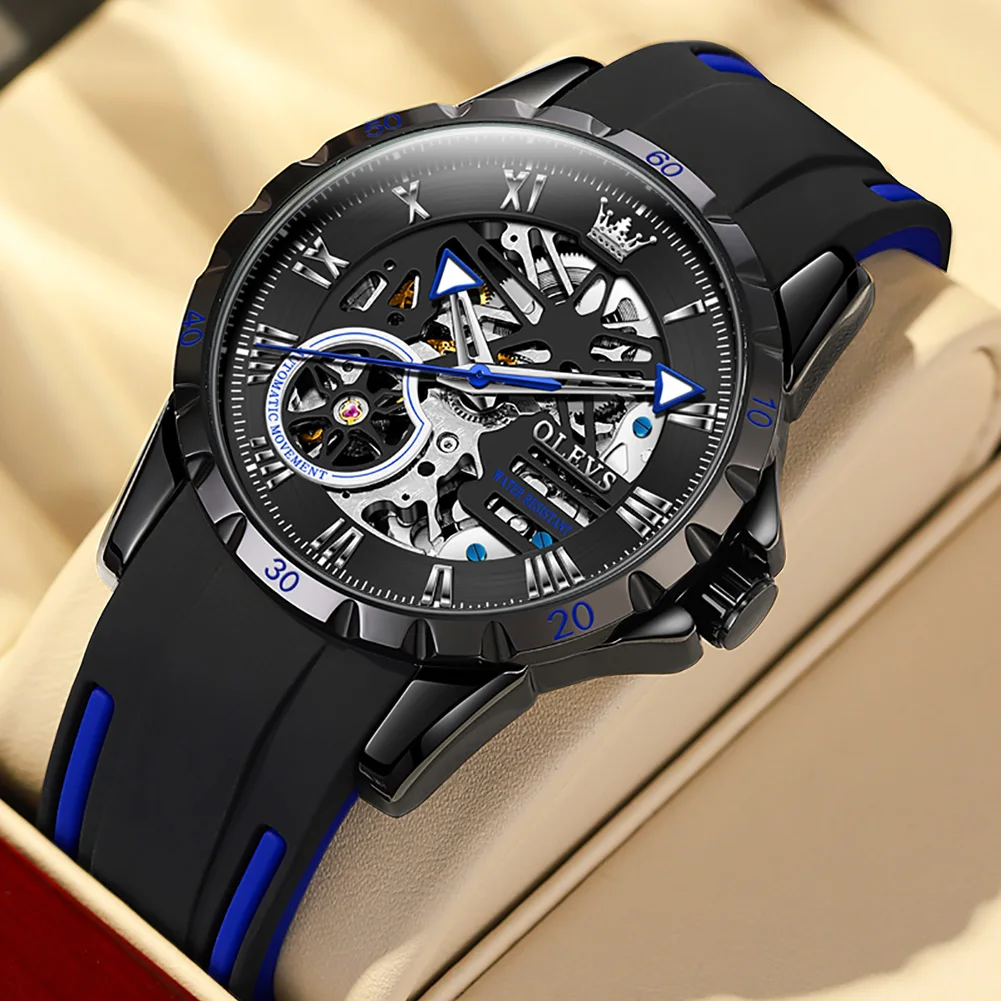 

OLEVS Men’s Automatic Luxury Watch Mechanical Self Winding Skeleton Watches Silicone Strap Waterproof Wristwatches Top Brand