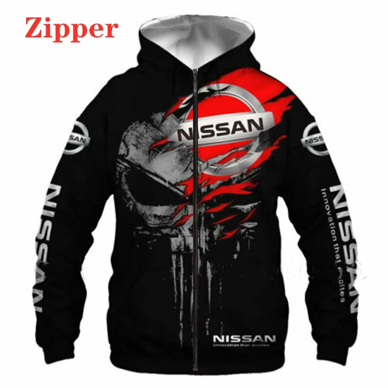 2022 New Nissan Car Logo Punisher Hoodie 3D Print Zipper Sweatshirt Harajuku Pullover Motocross Jackets Men Women Clothing