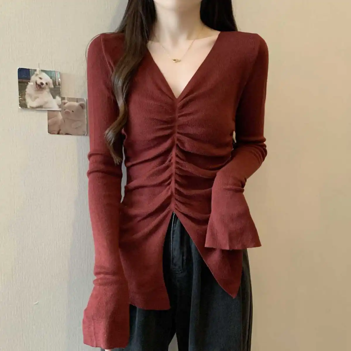 Женская трикотажная рубашка с V-образным вырезом большого размера