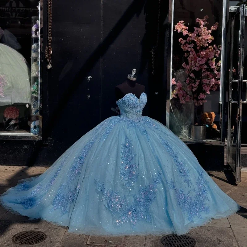 ANGELSBRIDE небесно-голубые мексиканские платья Quinceanera кружевной корсет с открытыми