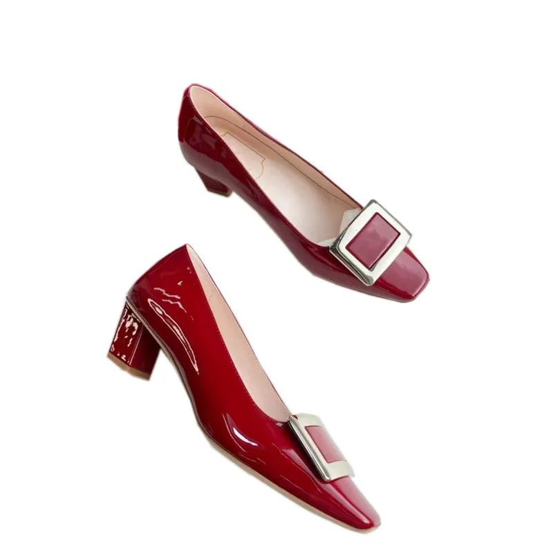 European and American Square Buckle French High Heels Women's 2023 Autumn Square Toe Mid-heel Pumps Women's Shoes