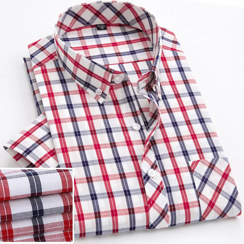 Casual 100 Cotton Plaid Short Sleeve Mens Slim Fit Poplin Soft Comfort Fashion Male Korean Clothes