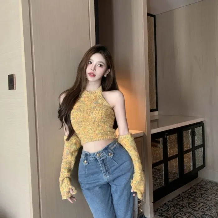 Осень-зима 2024 новый топ с лямкой на шее вязаный свитер рукавами Gyaru сексуальная