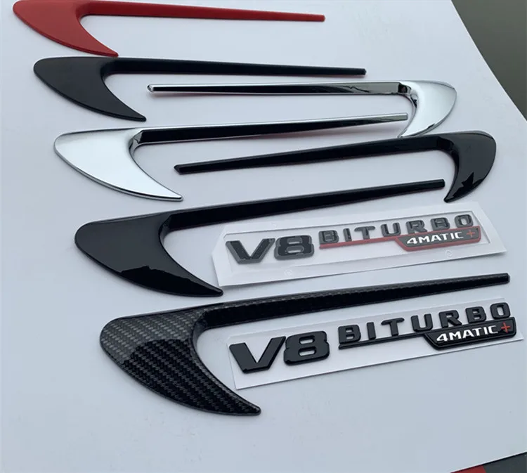 

2pcs Vent Fender Trim Emblem Blade Logo V8 BITURBO 4MATIC+ for Mercedes Benz AMG V8 C200 C300 E300 E400 W213 Car Side Stickers