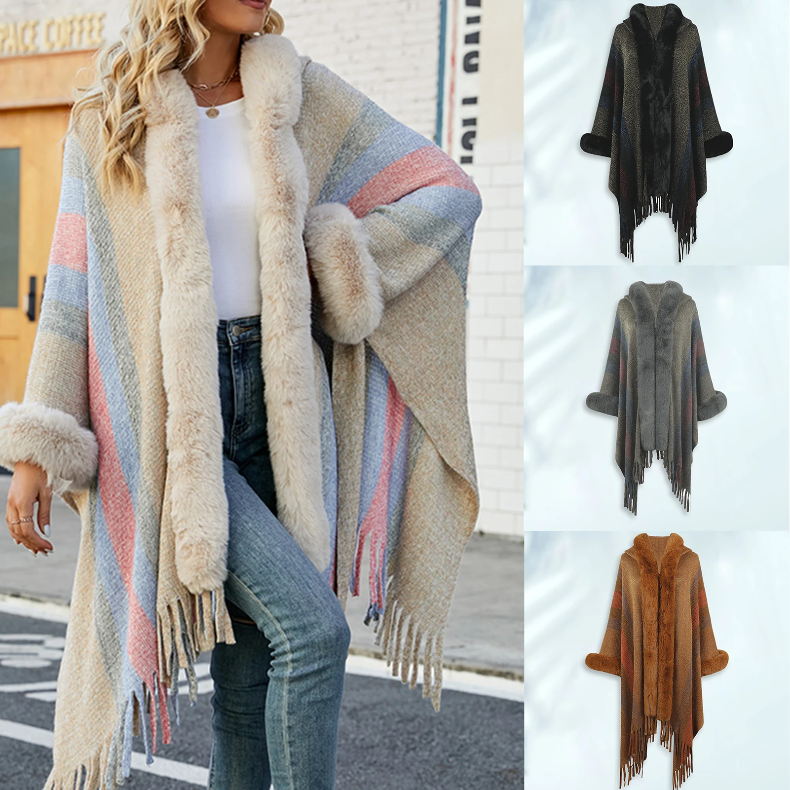 

Winter Tassel Solid Color Hooded Shawl Knitted Cardigans Women Poncho Autumn Winter Clothing Batwing Sleeve Sweater Cape Coats