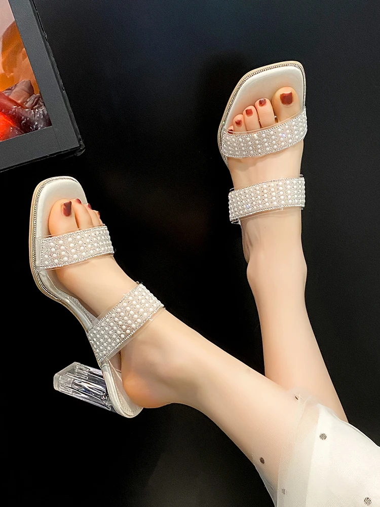 

Женские туфли с квадратным носком, Роскошные блестящие Шлепанцы из искусственной кожи