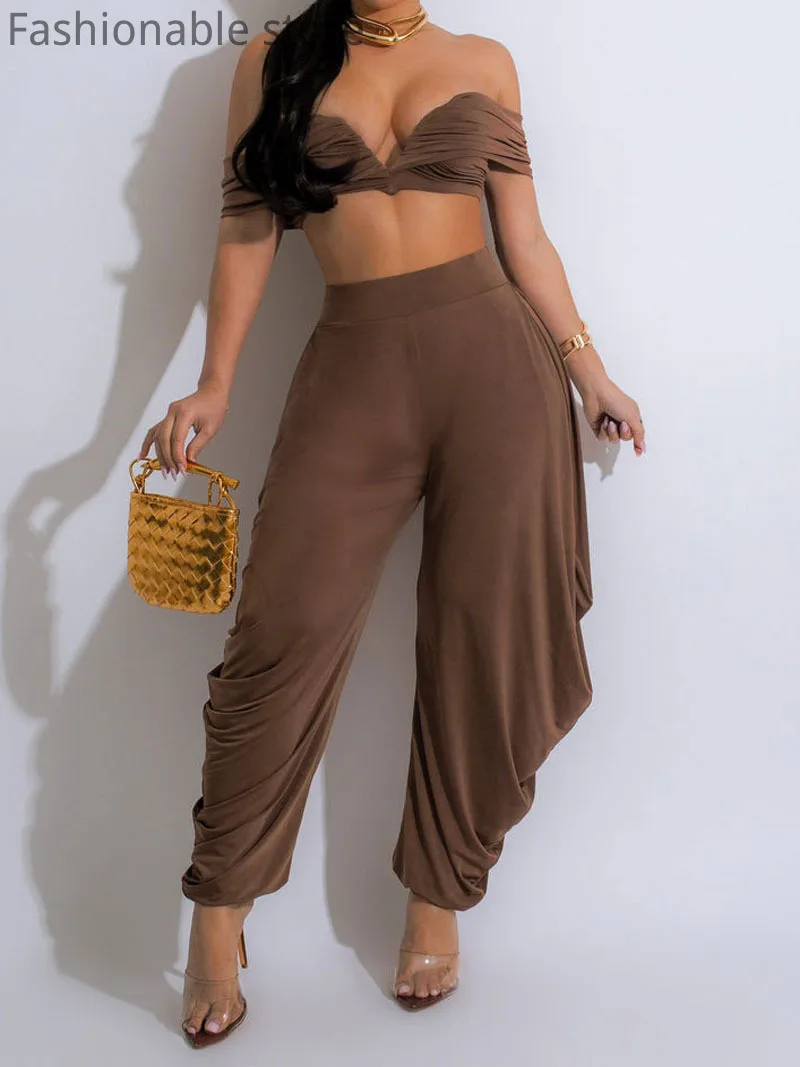Женский пикантный однотонный топ с открытыми плечами и V-образным вырезом брюки