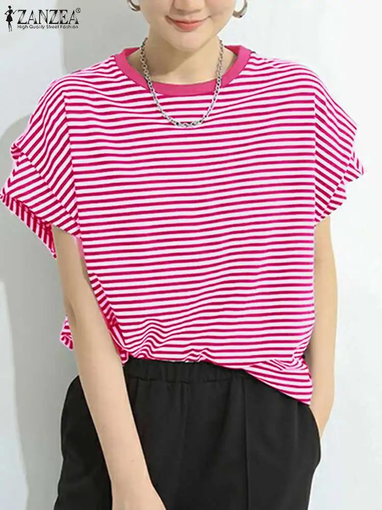 Топ ZANZEA 2024 в Корейском стиле Харадзюку модная женская блузка полоску летние