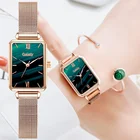 Часы женские кварцевые с квадратным циферблатом, модные простые Роскошные с зеленым циферблатом, с сетчатым браслетом из розового золота