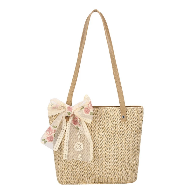 

Ladies Summer Straw Bag Lace Bowknot Rattan Bag Large Capacity Leisure Tote Bag Beach Travel Tote Bag