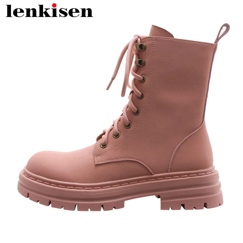 

Мотоциклетные ботинки Lenkisen, из коровьей спилковой кожи, с круглым носком, на среднем каблуке, на платформе, милые ботильоны на шнуровке в сти...