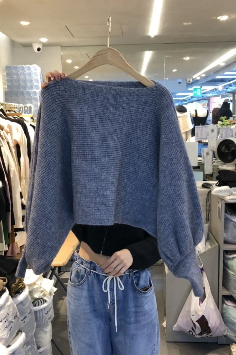

WDMSNA Autumn Winter New Slash Neck Knitted Sweater Women Bat Sleeve Temperament Short Jumpers Korean Loose Casual Pullovers
