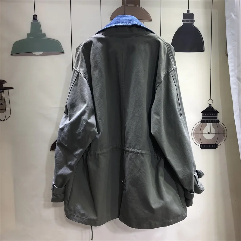 2021 Fleece Folded Jacket Women Autumn Fashion Casual Stand Collar Long Sleeve Denim Stitching Straight Jacket