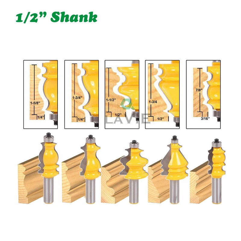

5PC/Set 1/2" 12.7MM Shank Milling Cutter Wood Carving CNC Line Set Casing & Base Molding Router Bit Woodworking Milling Cutter