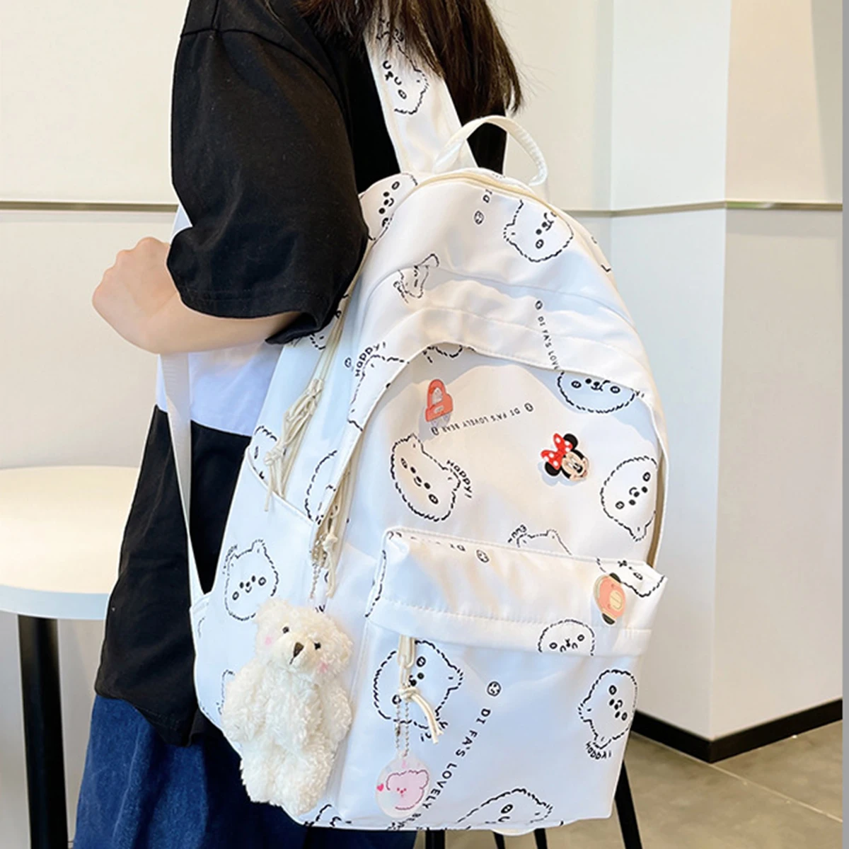 

Printing Bear Junior High School School Bag Women Cute Kawaii Backpack For Teenage Girl Solid Color Laptop Travel Rucksack