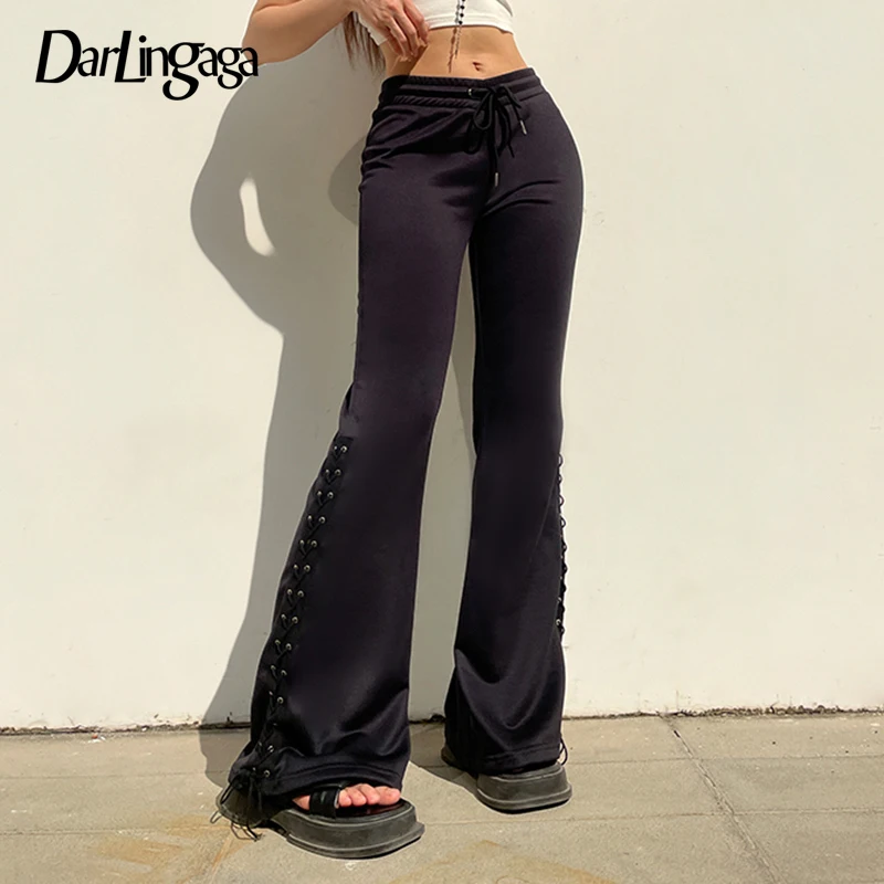 

Darlingaga Casual Black Skinny Flare Pants Solid Basic Autumn Sweatpants Korean Style Female Trousers Boot Cut Lace Up Bottoms