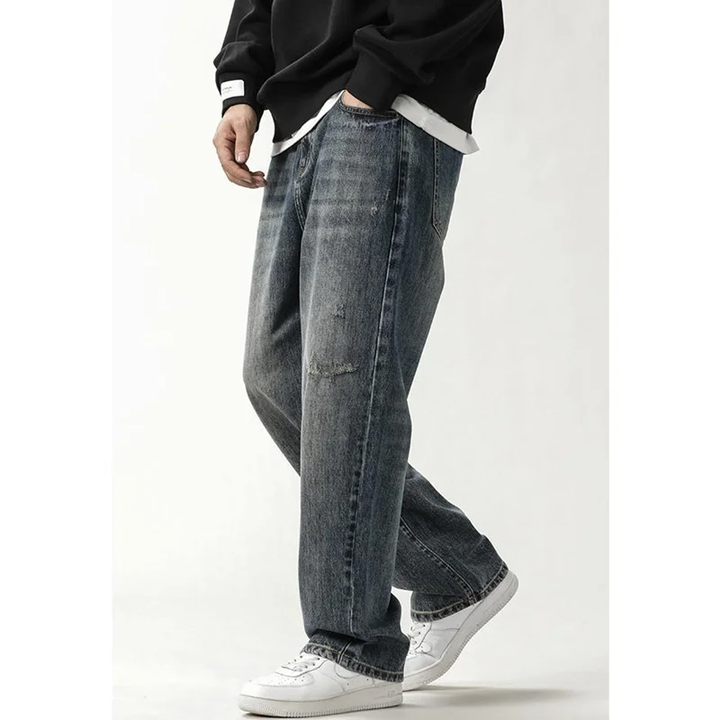 Streetwear Men 2022 New Pattern Vintage Recreational Blue Pants Straight Cylinder Comfortable Loose Large Jeans Autumn Female