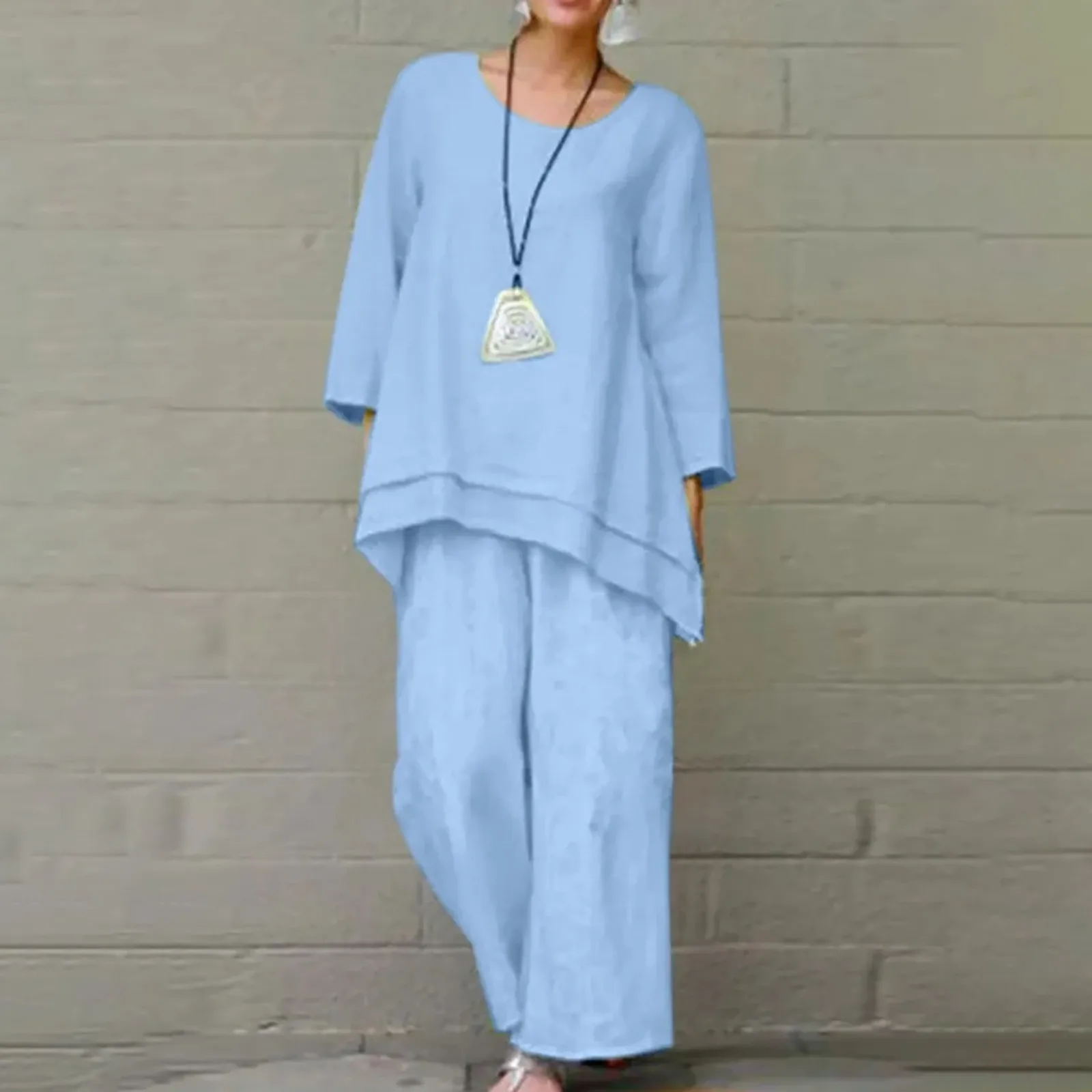 

Женский Осенний Простой повседневный однотонный пуловер с круглым вырезом блузка и свободные широкие брюки с эластичным поясом костюм из двух предметов