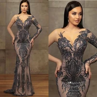 vestidos de noche women illusion neck mermaid evening dresses 2022 long sleeve applique beading elegant prom gowns for party