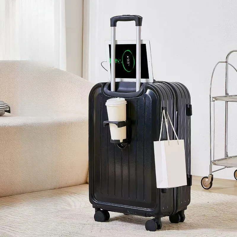 Фото Новый модный чемодан, утолщенный чемодан, подходящий для посадки, с USB-интерфейсом для зарядки, складной подстаканник, крючками и т. д. №5