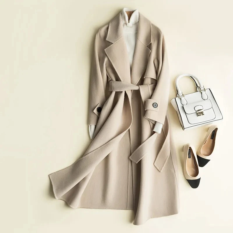 

2022 Winter Coat Womens Pure Wool Coat Double-Faced Clothing Female Long Section Cashmere Black Beige Windbreaker Outerwear