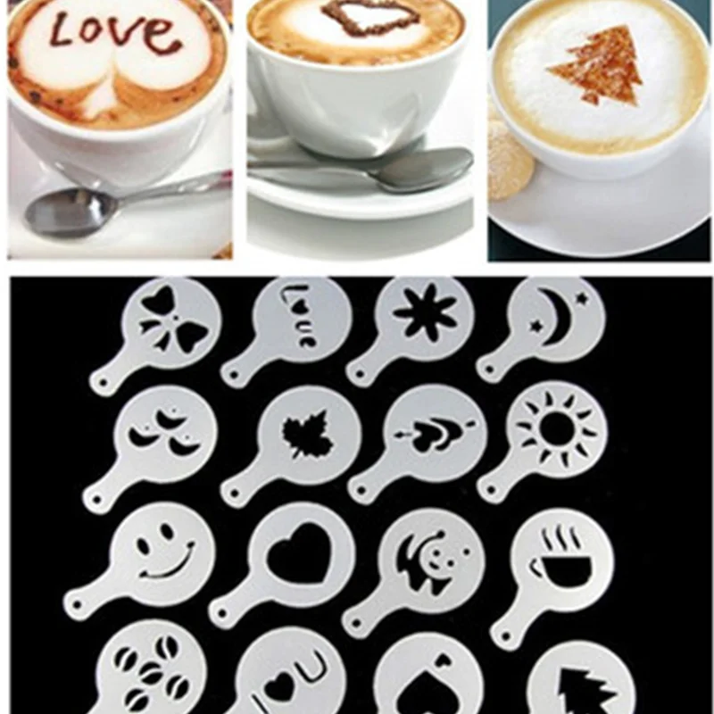 

16 Pcs/set Coffee Stencils Fancy Coffee Printing Model Foam Spray Cake Stencils Coffee Drawing Cappuccino Mold Powdered Sieve