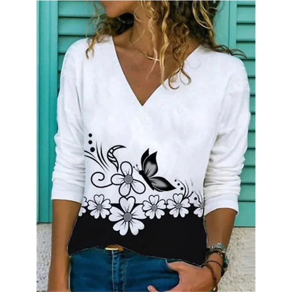 

2022 Women's Floral And Butterfly Theme 3D Printed Painting T Shirt Casua Floral 3D Print V Neck Basic Tee