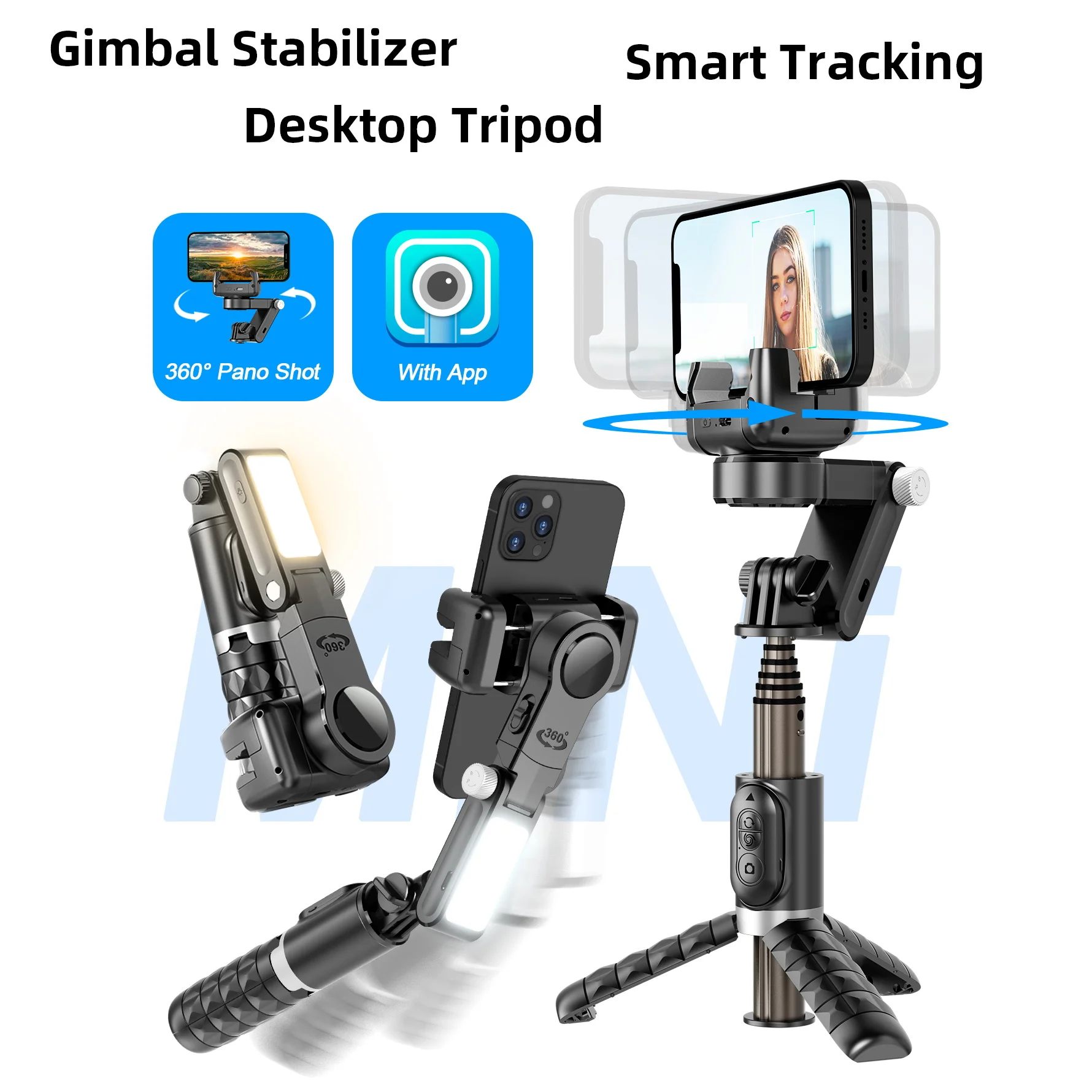 360°Rotation Phone Stabilizer Desktop Handheld Gimbal Stabilizer Fill Light Wireless Remote Selfie Stick Tripod Phone Holder New