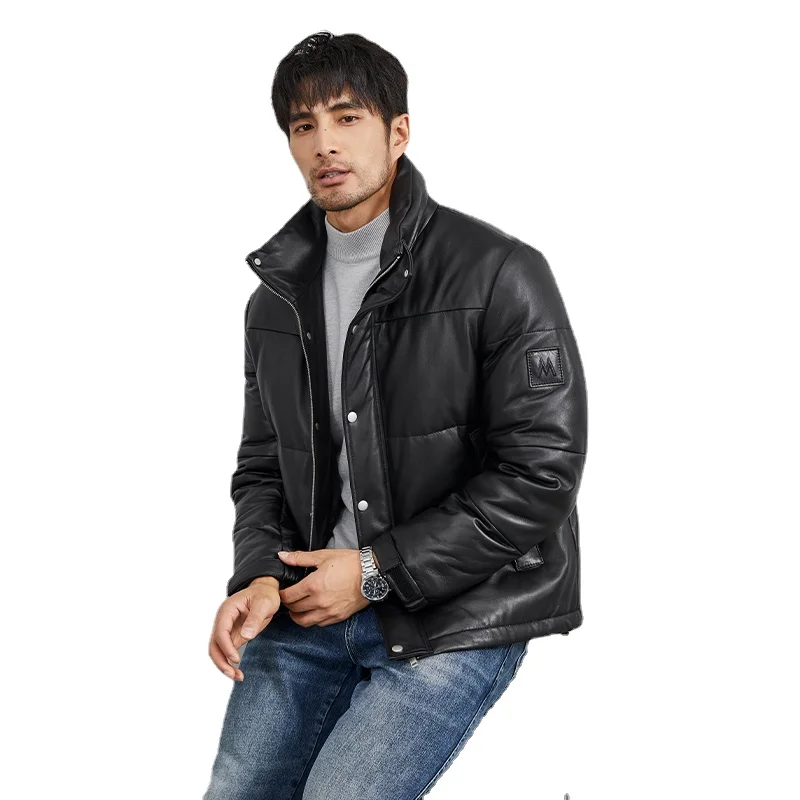 

Мужской короткий пуховик из 90% натуральной кожи, с белым гусиным пухом