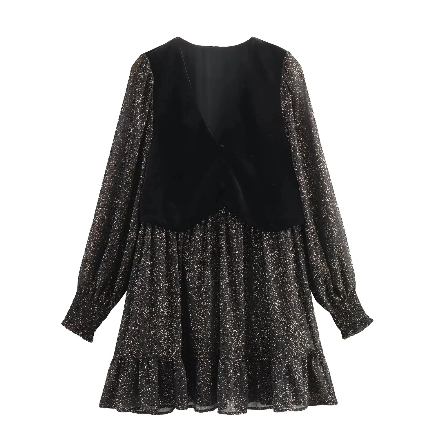 

TRAF Womens Black Short Dress Elegant Contrast Vest New Dresses Woman Long Sleeve V-Neck Dress Female Pretty Ruffled Hem Dresses