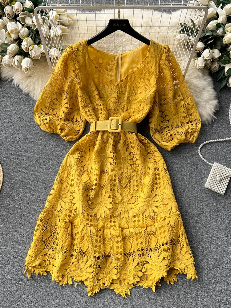 

FTLZZ Summer Women Casual V-neck Puff Sleeve Asymmetric Dress Lady Vintage Lace Embroidery Mini Dress A-line Dress