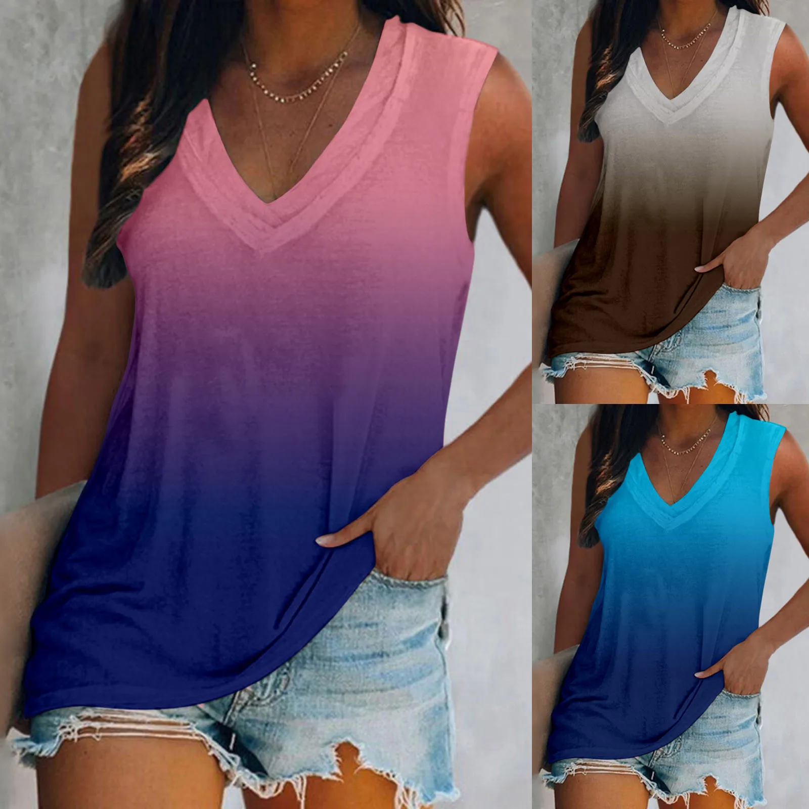 

Oversized Tank Top Women Casual V Neck Sleeveless Top Gradient Color Vest Pullover Summer Shirts Cami Loose Comfy Workout Vest