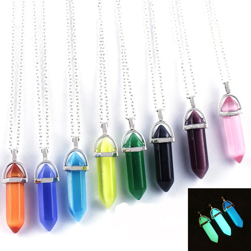 Fashion Natural Stone Crystal Bullets Luminous Pendant Necklace Glow In The Dark Hexagon Pillar Sweater Chain Jewelry for Women