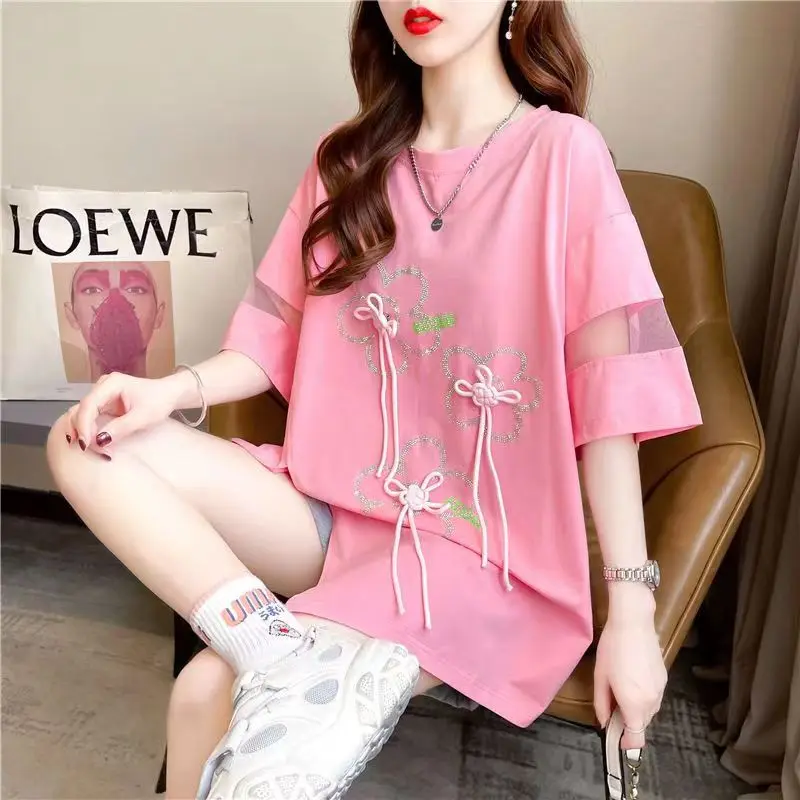 

DAYIFUN Women T Shirts Summer Chinese Style Bow Loose Long Tshirts O-neck Cotton Short Sleeve T-shirt Female Black White Pink