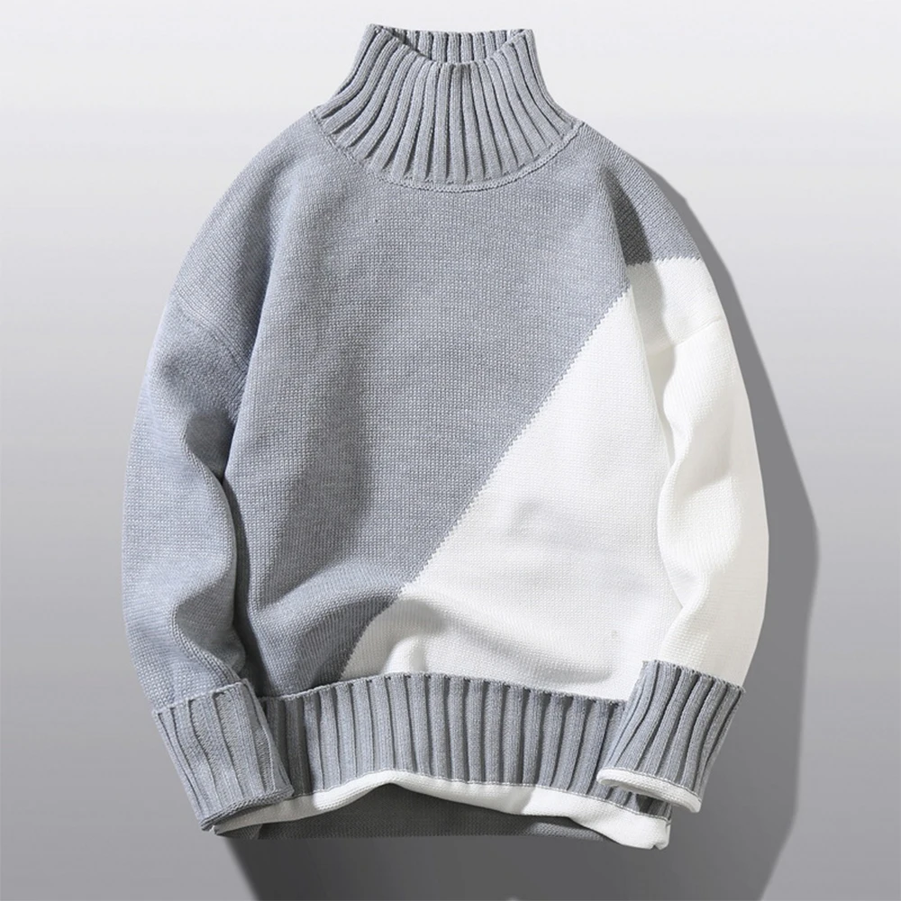 Men Fashion Slim Splicing Turtleneck Knitted Sweater Pullover Winter Warm Thermal Jumper Knitwear Tops