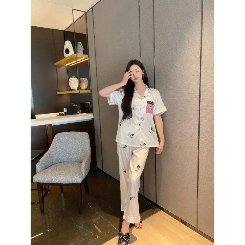 2023 Summer New Ice Silk Pajamas Women's Suit Cartoon Rats Short Sleeve Trousers Suit Homewear